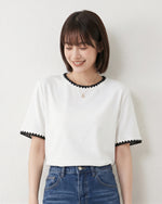 配色メロウフリル縁取り クルーネックTシャツ-ホワイト-XL