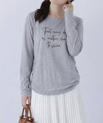 ライトグレー クルーネック 手書き風ロゴプリント スリムフィット 長袖Tシャツ-アッシュグレー-L