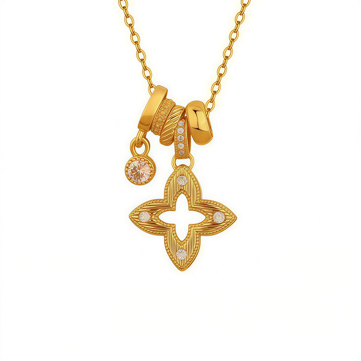 ゴールドカラー 輝くジルコニア 透かし四つ葉クローバーペンダントネックレス