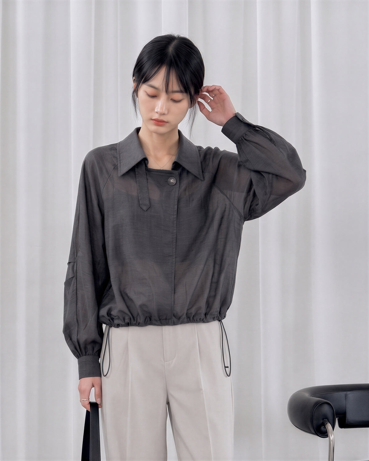 L~3XL ドローストリングウエスト アシンメトリー前立てシャツ