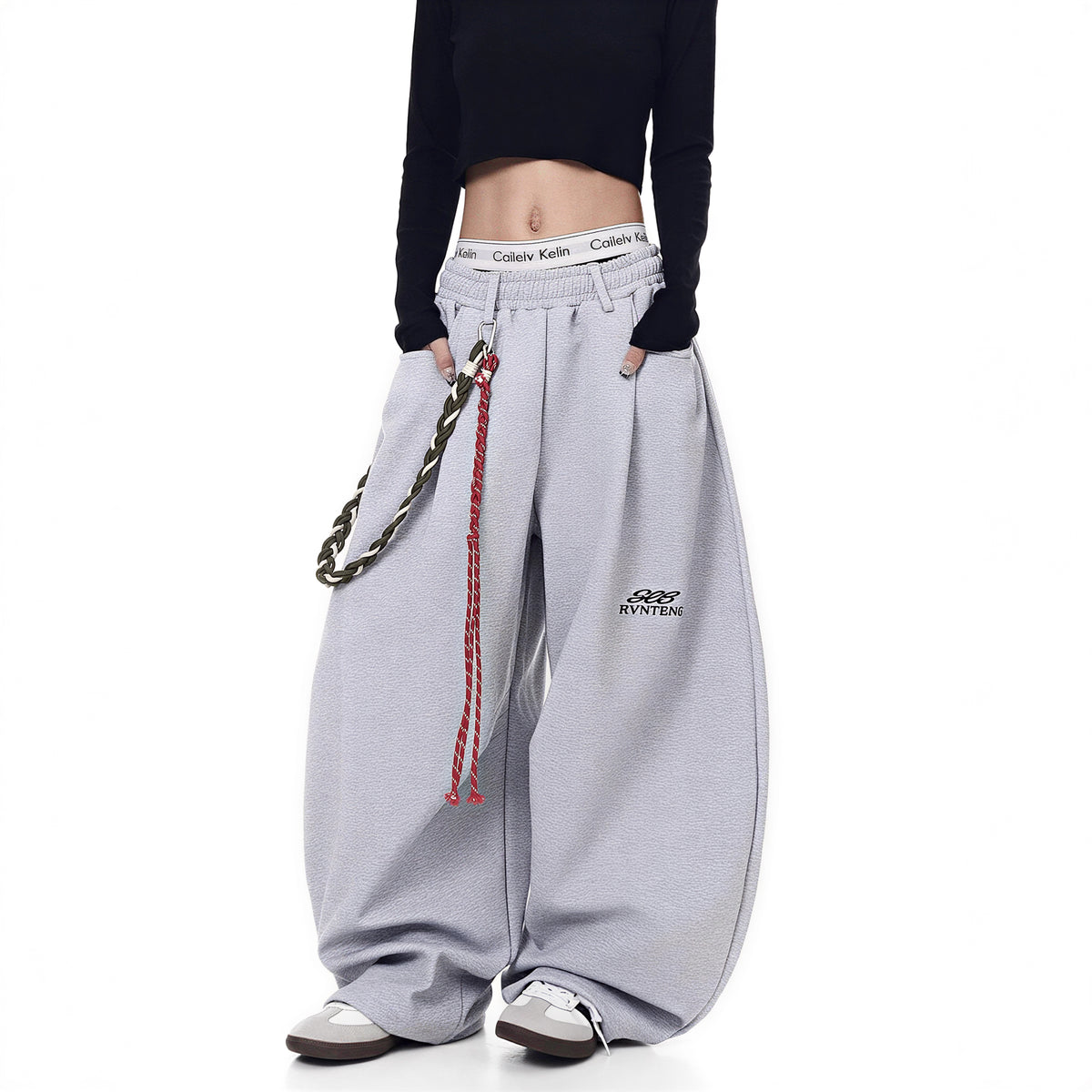 S-2XL ローウエスト チェーン付き ワイド スウェットパンツ