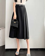 ハイウエスト ベルト付き 立体プリーツ Aライン ミモレ丈スカート