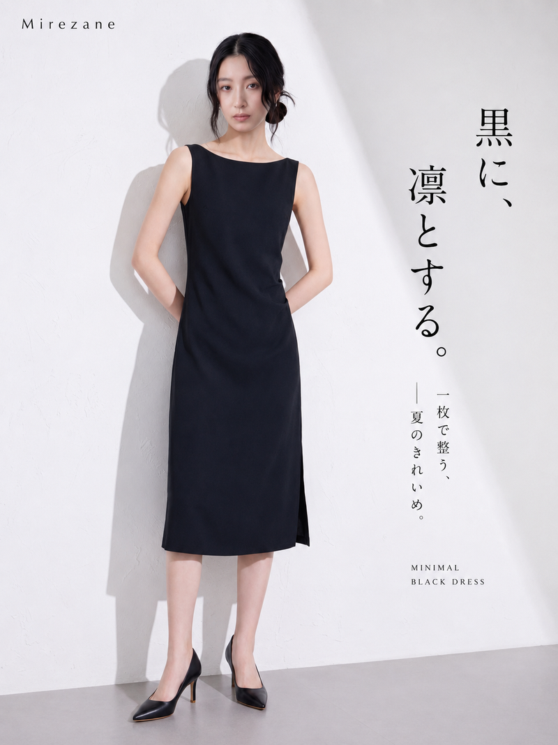 斜めプリーツ ウエストシェイプ サイドスリット ノースリーブワンピース