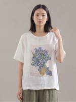 グレー クルーネック フラワープリント ゆったり 半袖Tシャツ