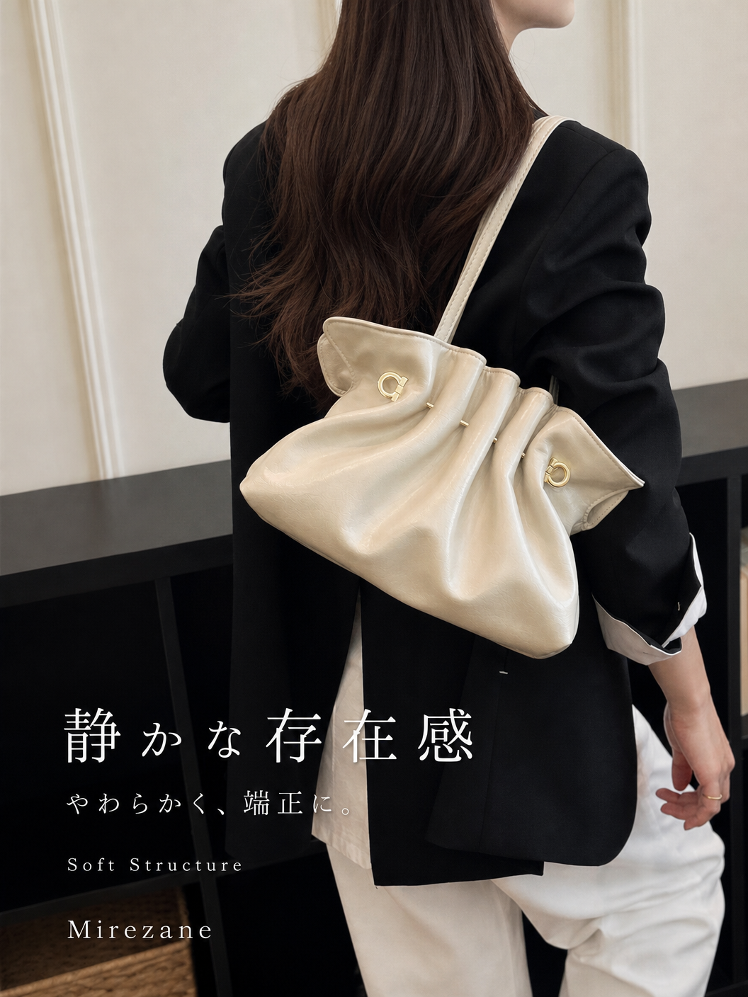 【全4色】立体ギャザー メタルバックルアクセント ギャザートート風ハンドバッグ