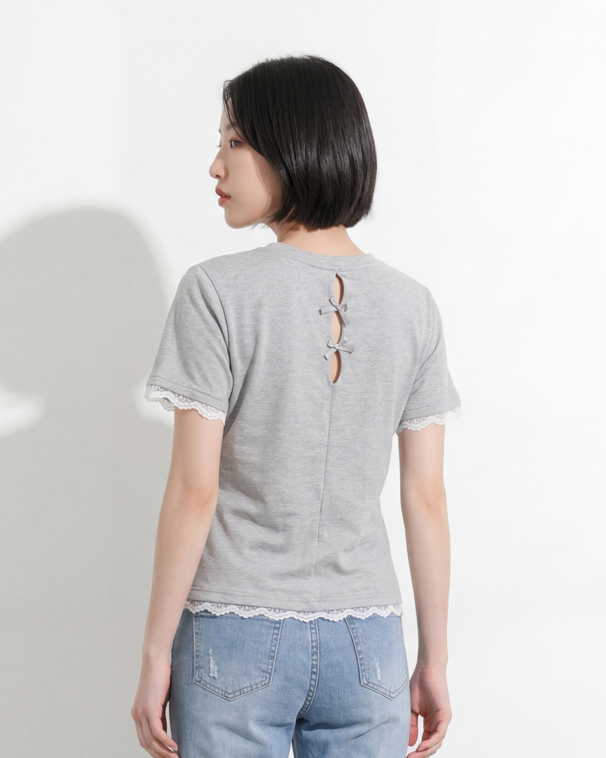バックオープン リボン結び レース切替 クルーネック 半袖Tシャツ