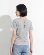 バックオープン リボン結び レース切替 クルーネック 半袖Tシャツ