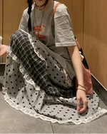 チェック×ドット切り替え レーストリム ティアードスカート
