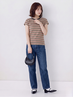 細ボーダー クルーネック フィットTシャツ