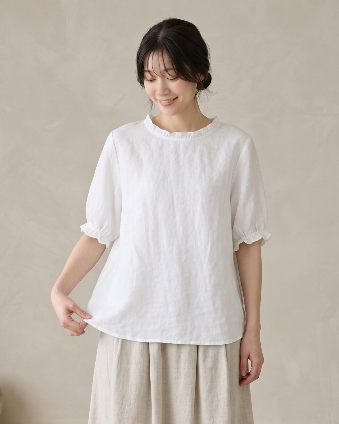 メローフリル襟 ラウンドネック ゆったりTシャツ