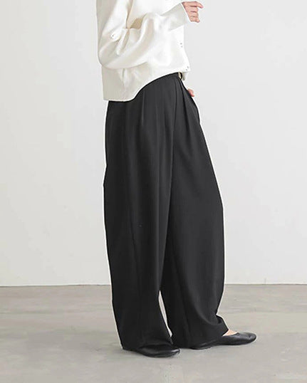 春夏の薄手  ハイウエスト タック入り 落ち感ワイドパンツ
