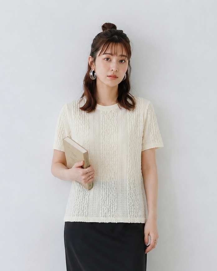 立体プリーツテクスチャー クルーネック スリムフィット 半袖Tシャツ