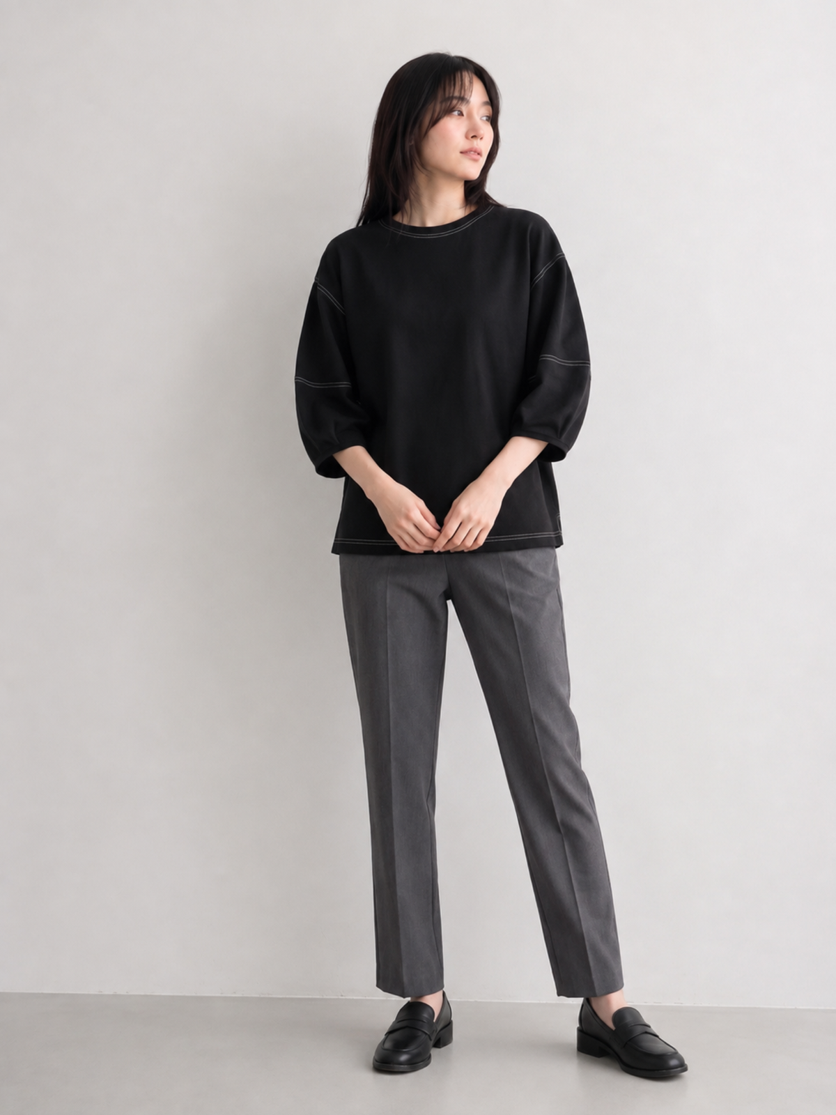 【全2色】M~XL 配色ステッチ パフスリーブスウェット
