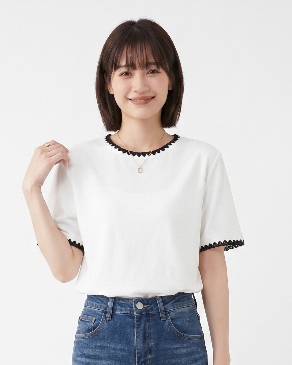 配色メロウフリル縁取り クルーネックTシャツ