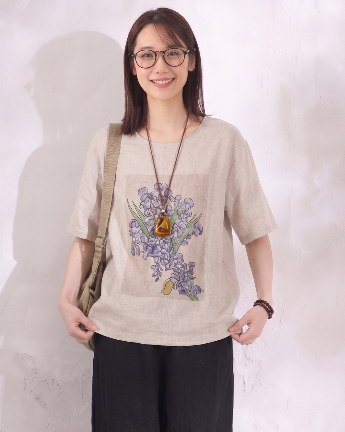 ゆったりカジュアルクルーネックフラワープリント半袖Tシャツ