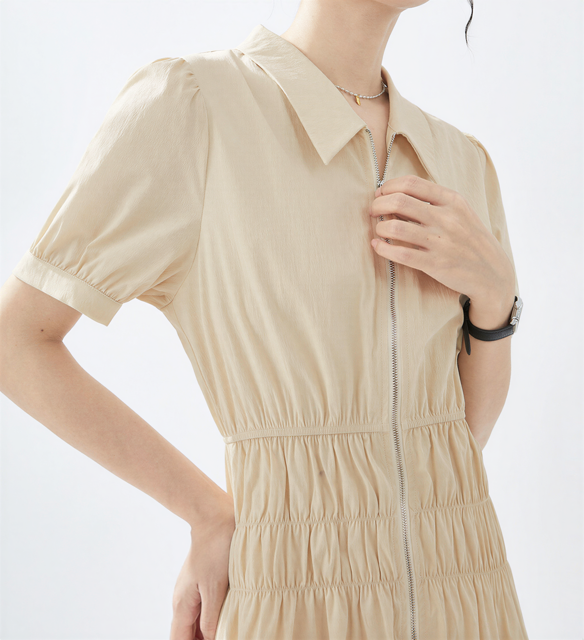 フロントジップ ウエストシェイプ パフスリーブ シャツワンピース