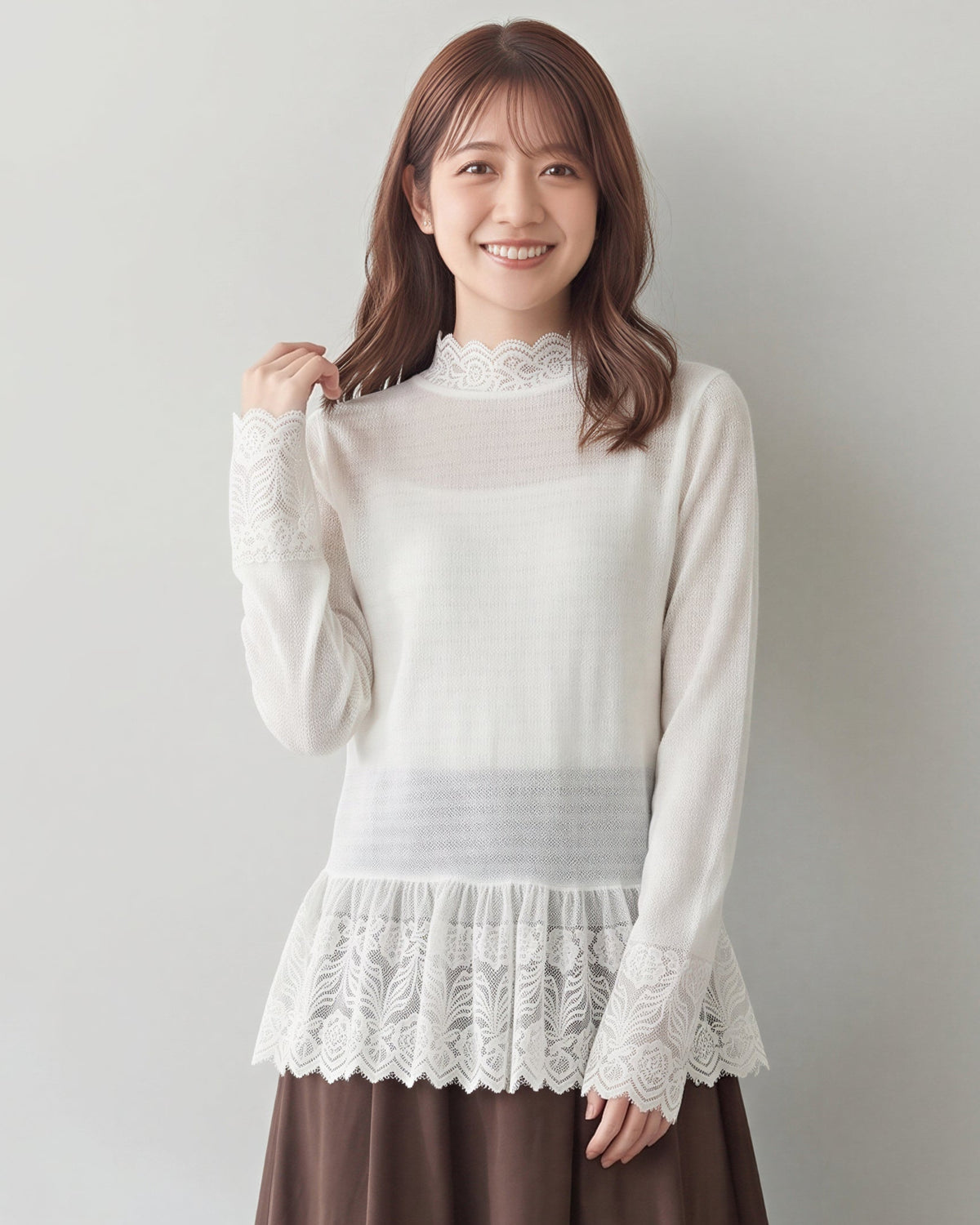 【秋新作】S~XL レース切り替え フリルネック インナー トップス