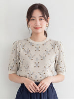 小花柄ジャカード パフスリーブ ニットトップス