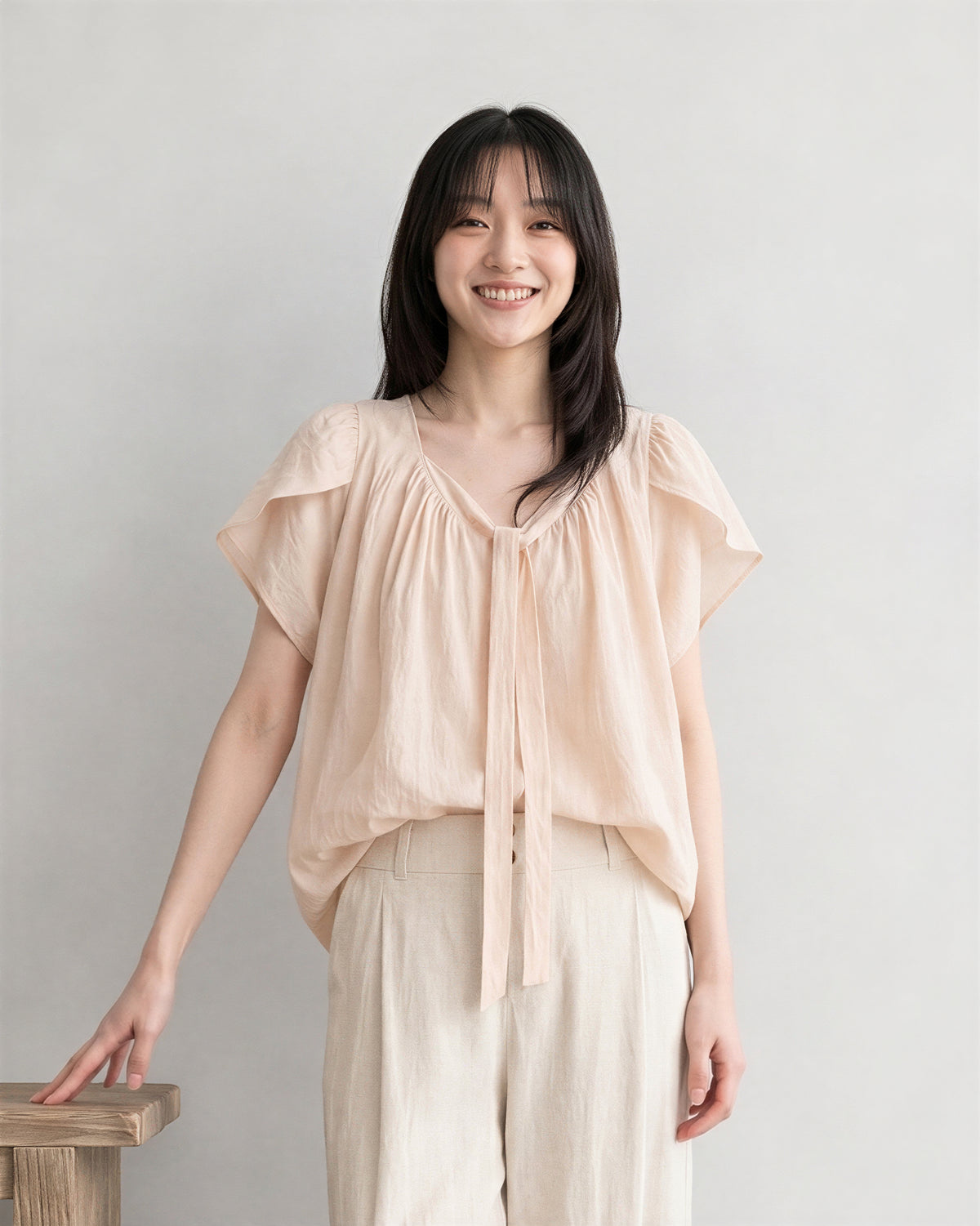 「2色」フレア半袖薄手フレンチゆったりギャザーバンドシャツ