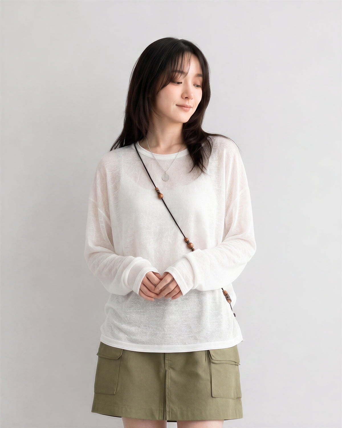 S~XL シアー重ね着 ルーズフィット 長袖Tシャツ