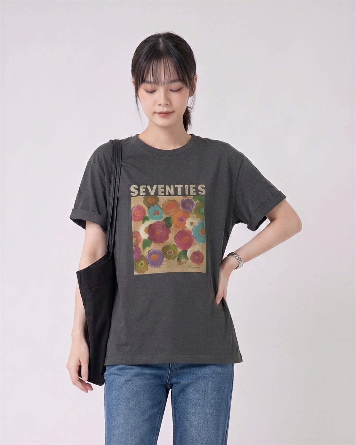 ゆったりプリントクルーネックTシャツ-グレー-L