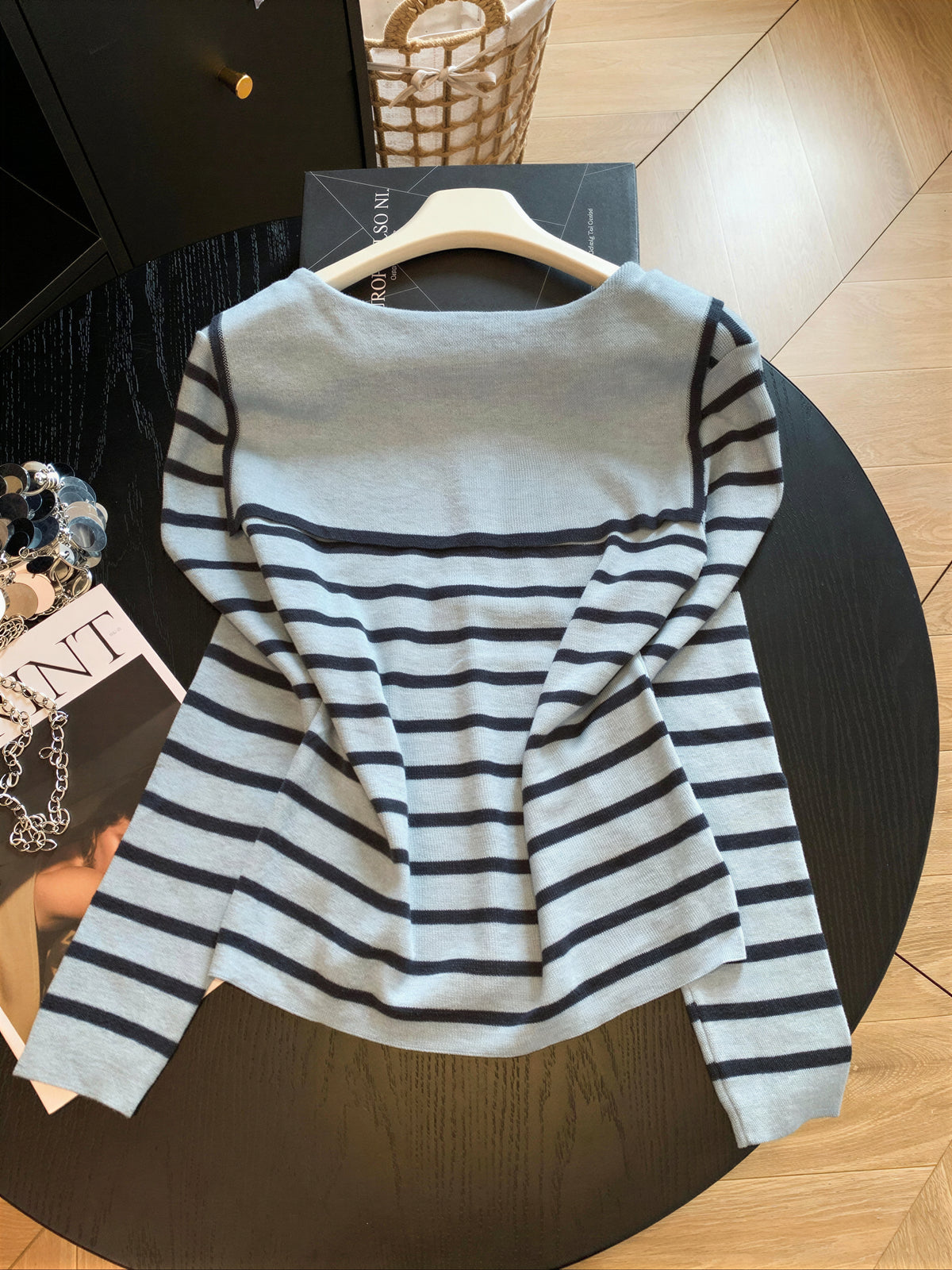 【全2色】S~L ボーダー スリムフィット Vネック ニットTシャツ