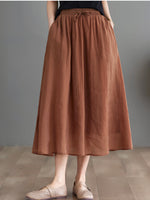 ウエストゴム＆ドローストリング 軽やかなロングスカート-ブラウン-2XL