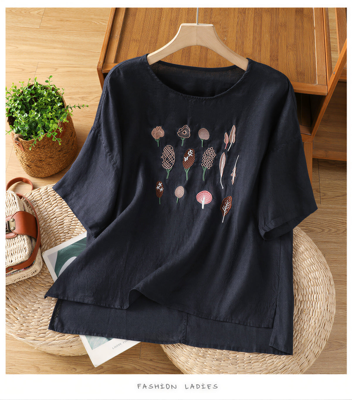 【全3色】M~2XL 刺繍デザイン ゆったり クルーネックTシャツ