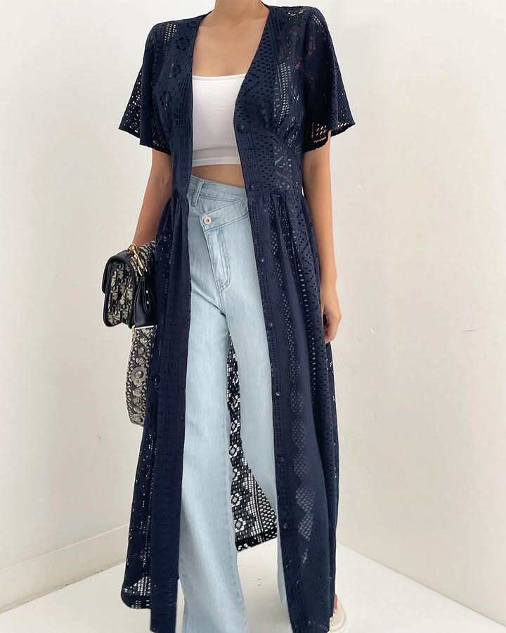透かしレース ロング丈 リボン付き UV対策 カーディガン