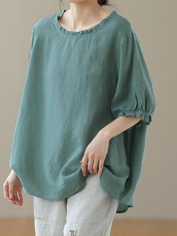 メローフリル襟 ラウンドネック ゆったりTシャツ