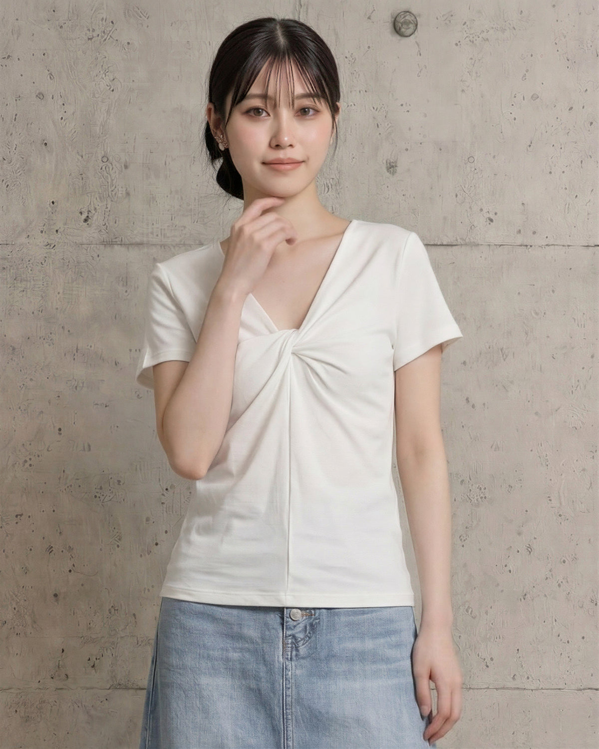 ツイストVネック ウエストシェイプ 半袖Tシャツ-ホワイト-FREE (85-120)