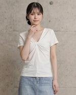 ツイストVネック ウエストシェイプ 半袖Tシャツ-ホワイト-FREE (85-120)