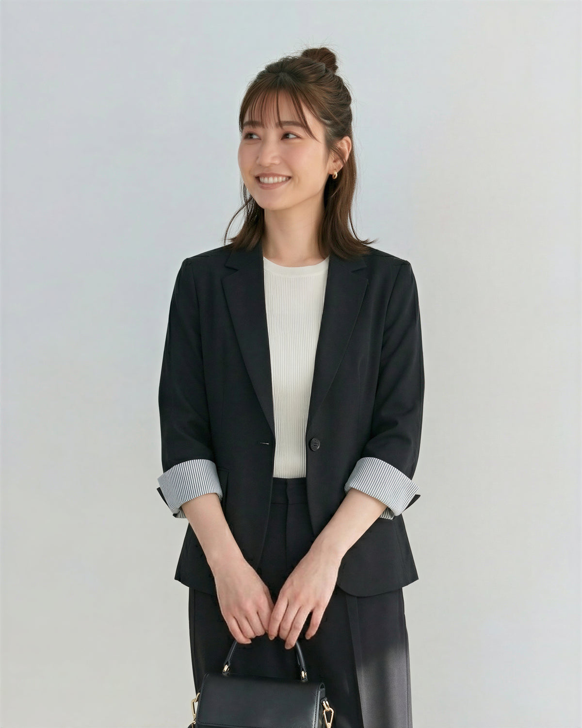 ワンボタン すっきりシルエット 7分袖 折り返しテーラードジャケット-ブラック-3XL