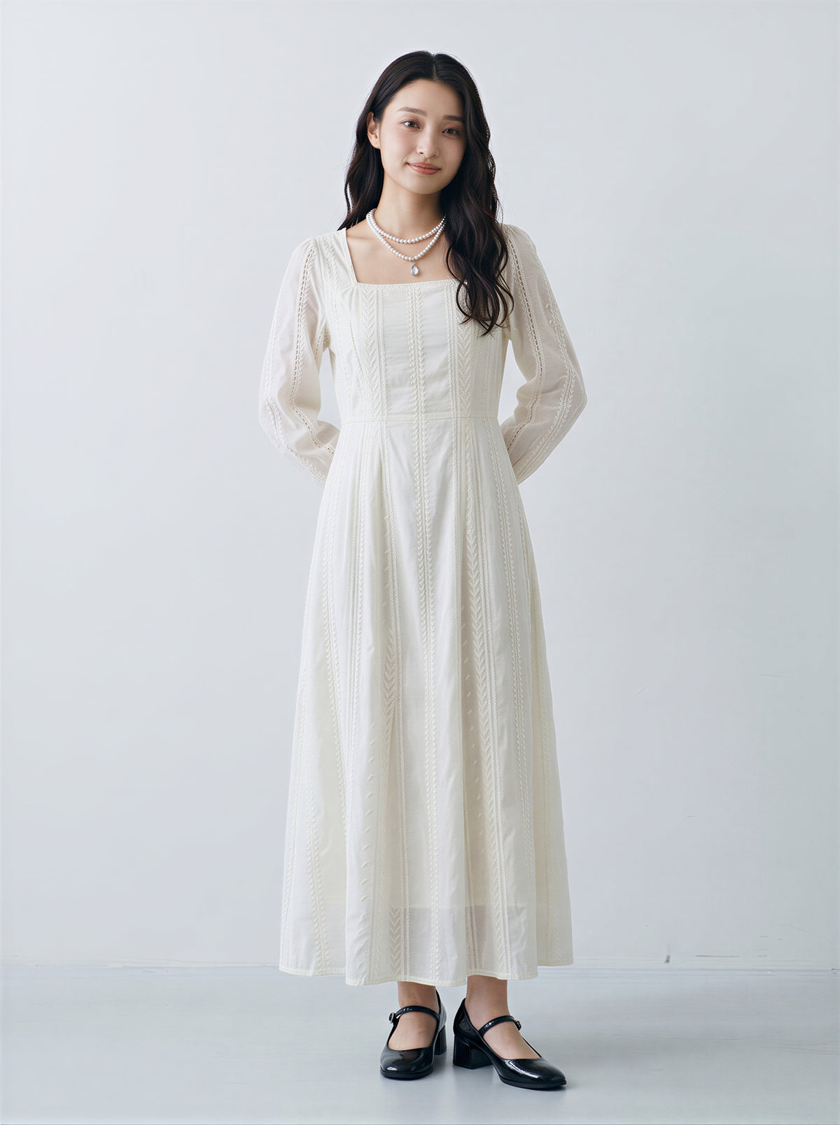 【秋新作】S~2XL  ホワイト ウエストマーク 軽やかレースワンピース