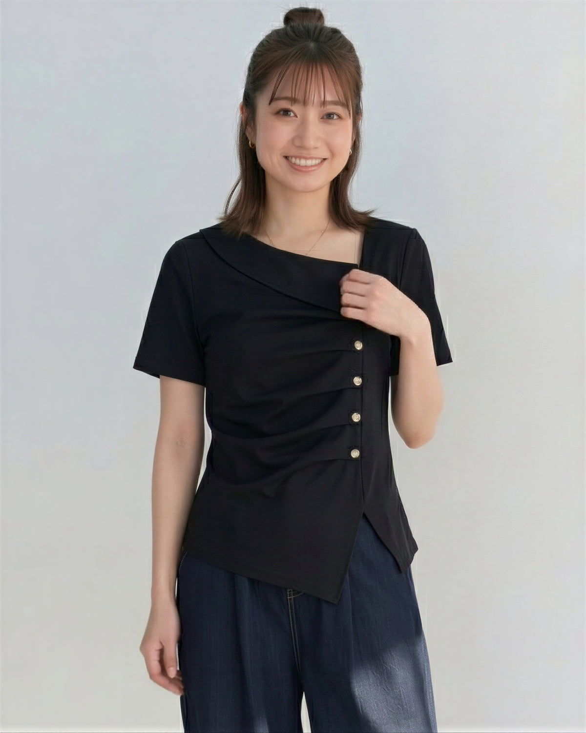 斜め前立てタック入り アシンメトリーヘム 半袖Tシャツ-ブラック-4XL