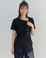 斜め前立てタック入り アシンメトリーヘム 半袖Tシャツ-ブラック-4XL