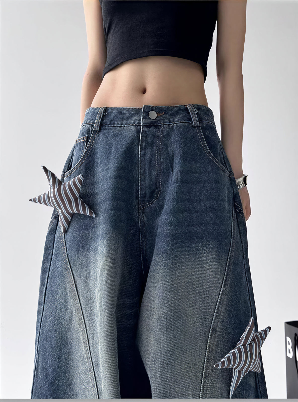 S-3XL ヴィンテージウォッシュ スターパッチ デニムパンツ