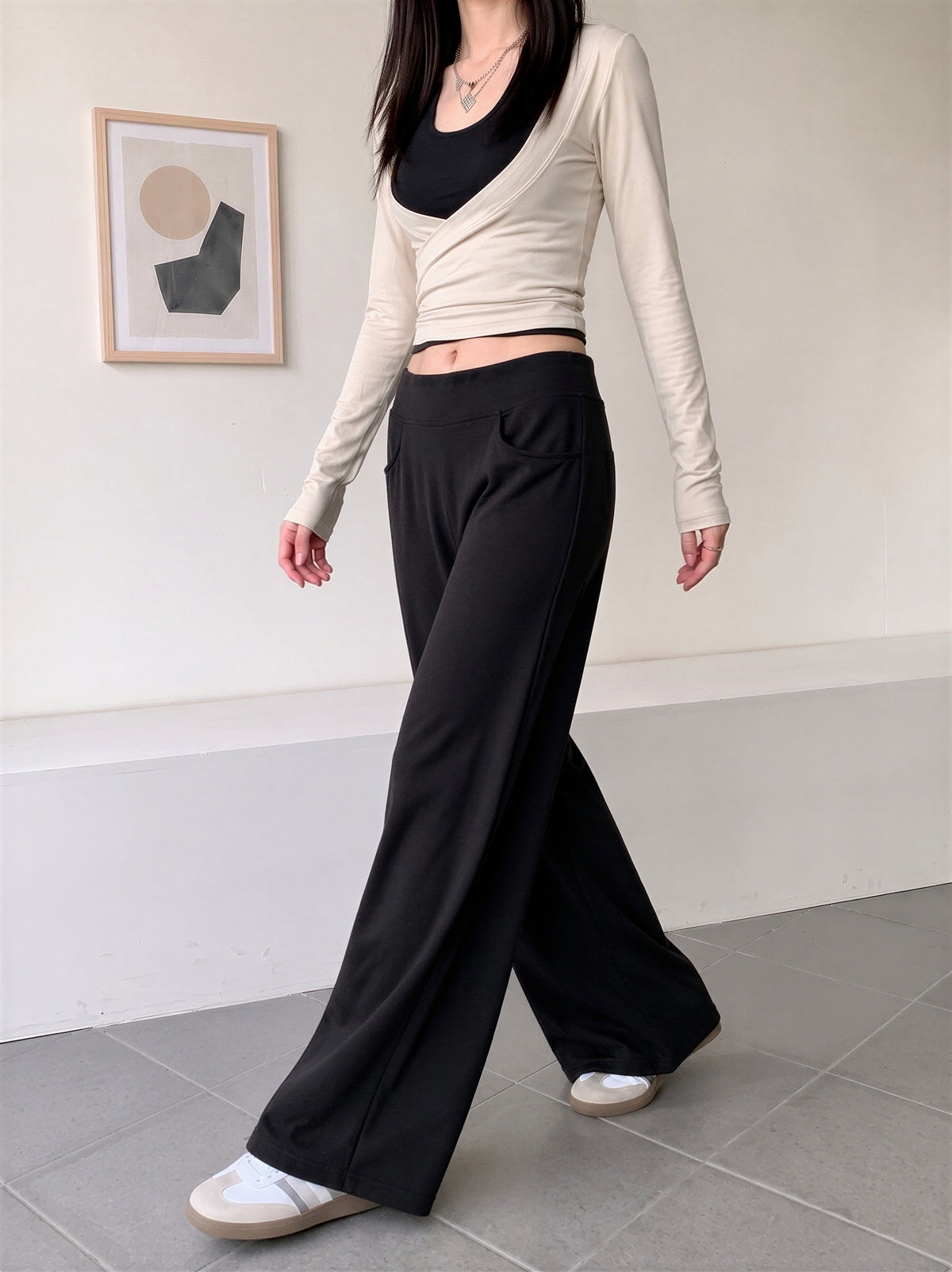 【全3色】S-XL ハイウエスト 落ち感ストレートワイドパンツ