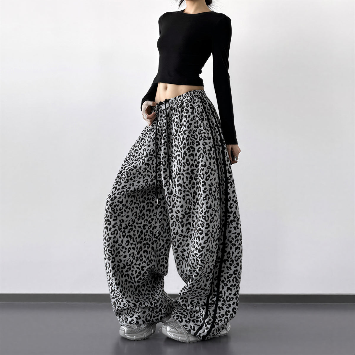 S-XL レオパード柄 ドローストリング サイドライン ワイドパンツ