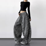 S-XL レオパード柄 ドローストリング サイドライン ワイドパンツ