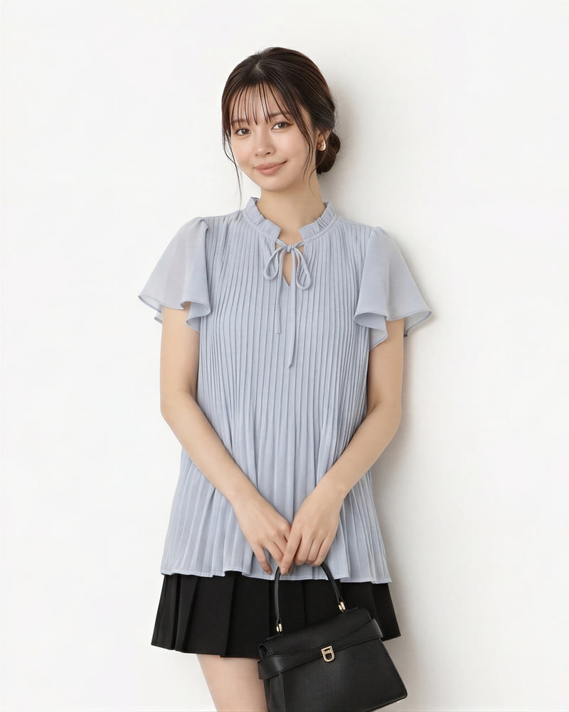 フリルネック リボン付き プリーツ シフォンブラウス