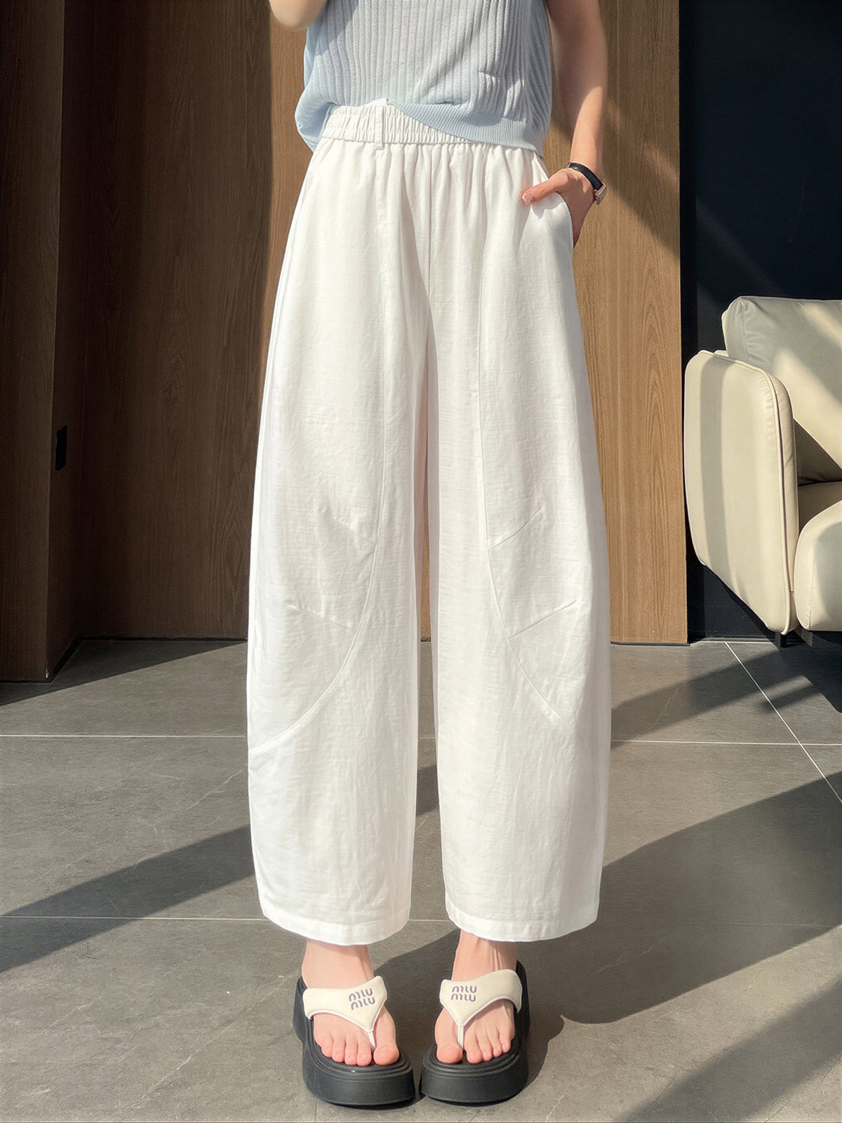 ハイウエスト ゴム仕様 ストレートワイドパンツ-ホワイト-4XL