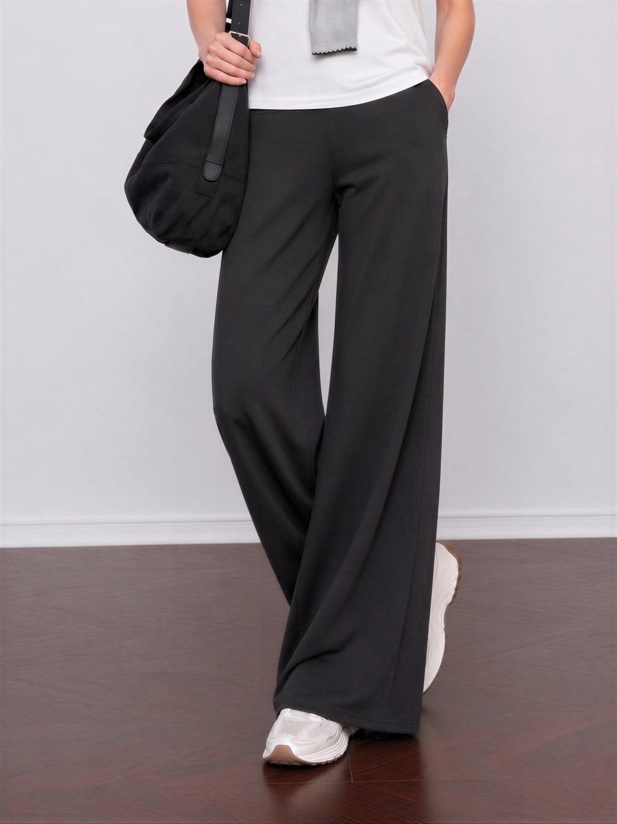 【全4色】S~XL ハイウエストワイドレッグ落ち感カジュアルパンツ