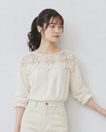 M~2XL カットワークレース切り替え パフスリーブブラウス