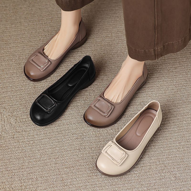 【全3色】シンプルスクエアバックル ラウンドトゥ 浅履き レディースバックルパンプス