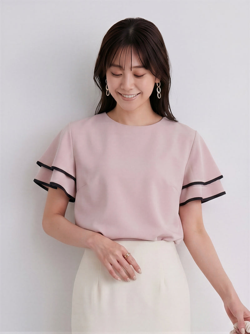 フリルフレアスリーブ 配色パイピングTシャツ