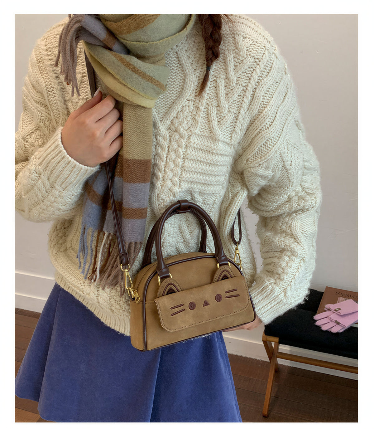 立体猫モチーフポケット付き ダブルハンドル ミニハンド・ショルダーバッグ