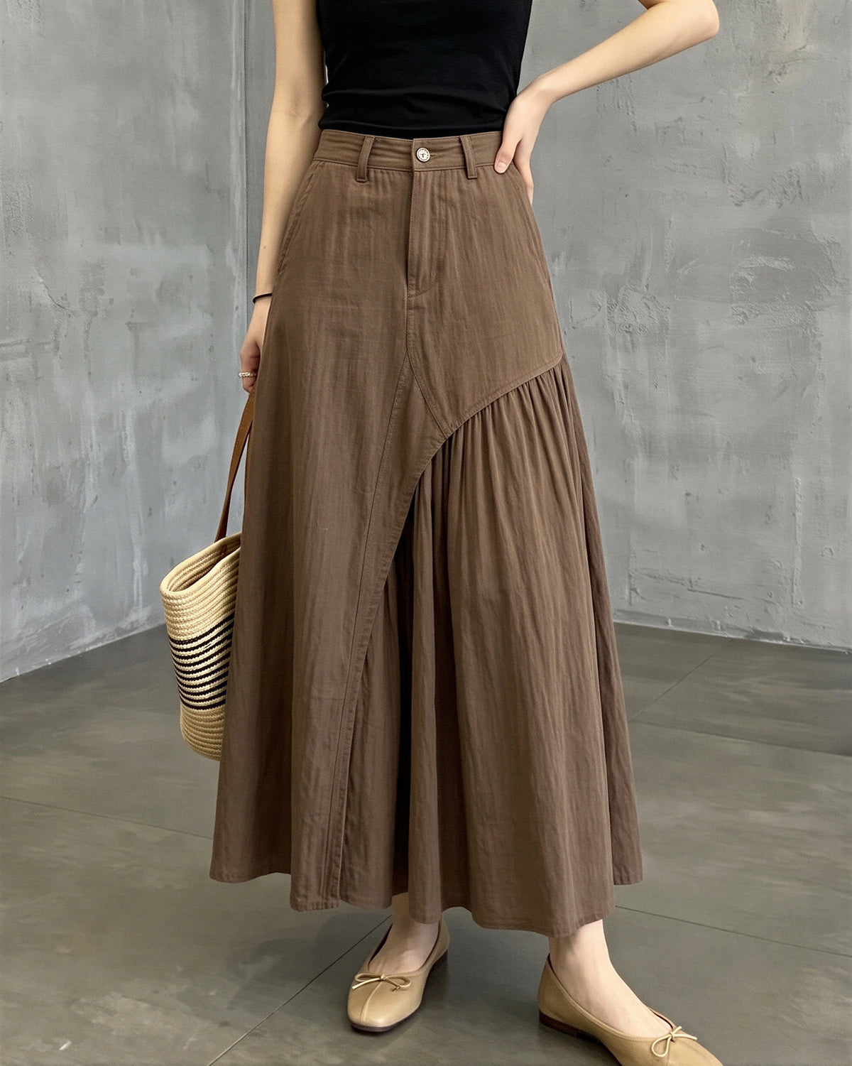 【秋新作】【全2色】S~XL アシンメトリー切り替えプリーツ Aラインロングスカート