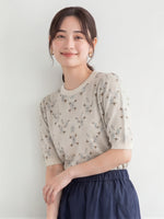 小花柄ジャカード パフスリーブ ニットトップス