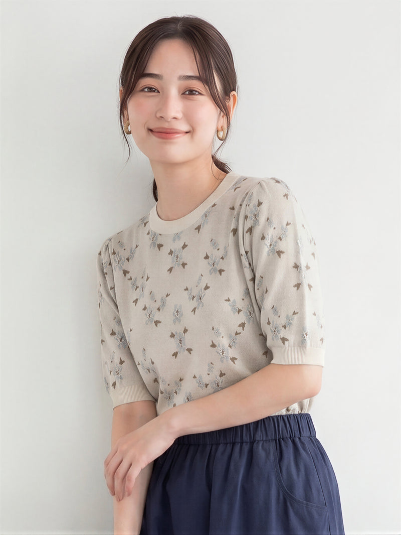 小花柄ジャカード パフスリーブ ニットトップス